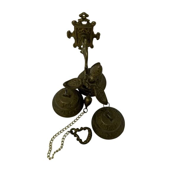 Brass Wall-Mounted Triple Bell Set Ornate Design Chain Pull Vintage Monastery - Picture 8 of 16